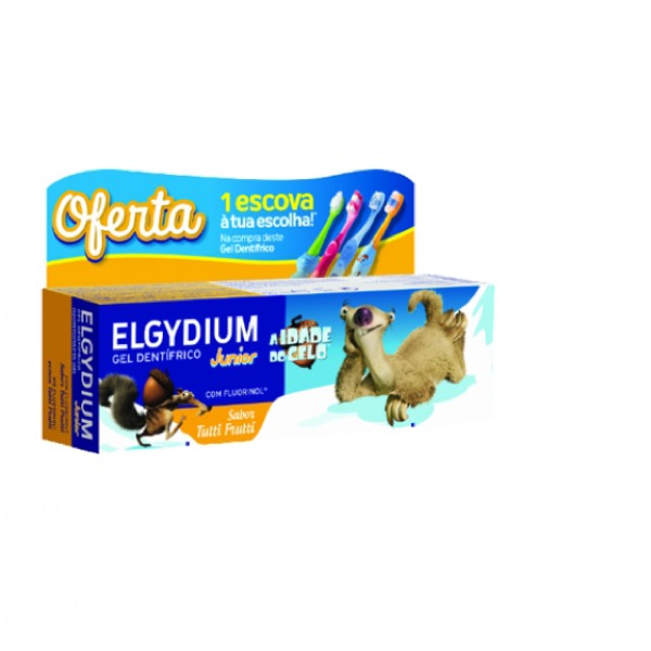 Elgydium Junior Gel dentfrico tutti-frutti Idade do Gelo 50 ml com Oferta de Escova de dentes variada