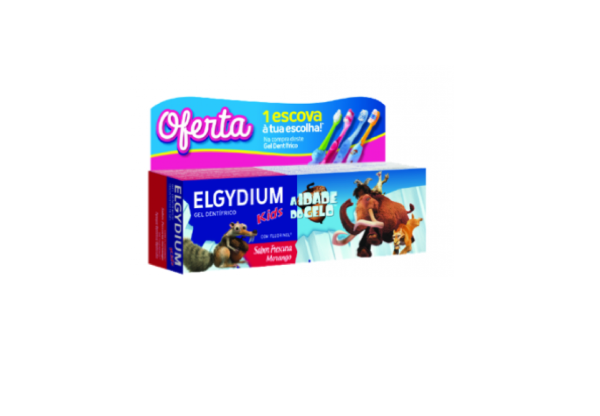 Elgydium Kids Gel dentfrico frescura morango Idade do Gelo 50 ml com Oferta de Escova de dentes variada