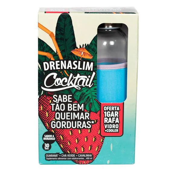 Drenaslim Cocktail Solução oral 450 ml Morango com Oferta de Garrafa Vidro + Cooler